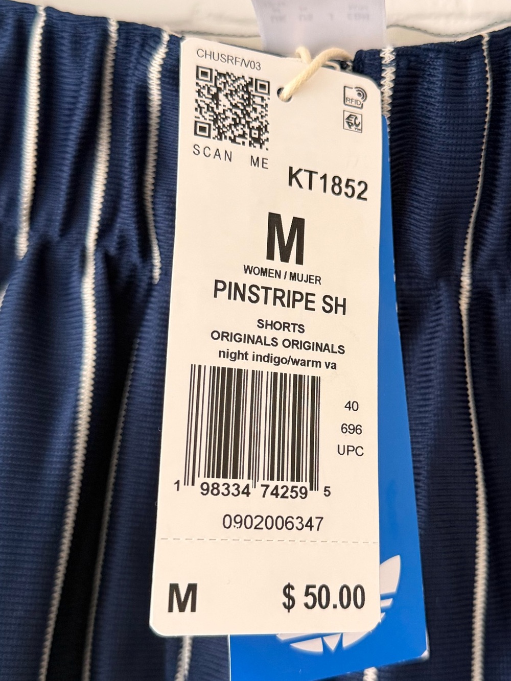 Adidas Originals Women’s Navy Pinstripe Firebird Shorts w Cream Trim, M, NWT - Picture 3 of 12
